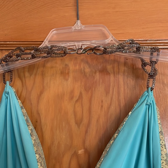 Long, gold sequin dress with teal overlay - Picture 7 of 7